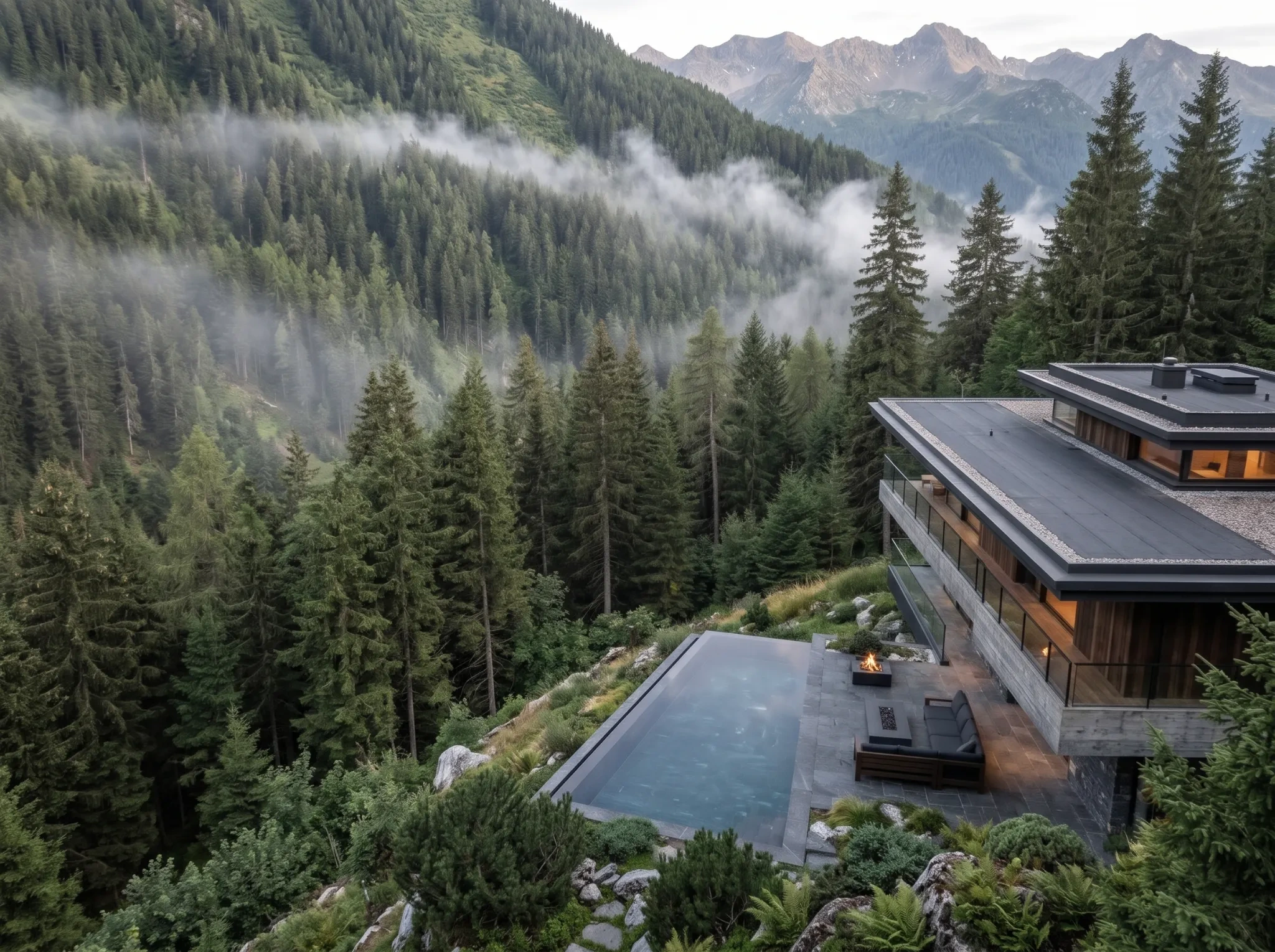 Casa Altitude em meio a montanhas e floresta